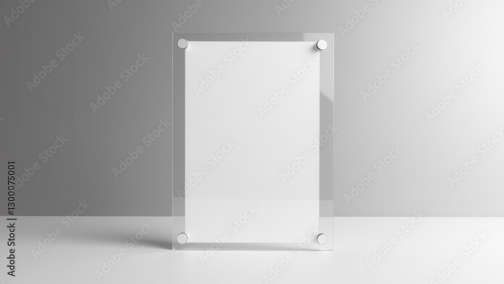 A clear perspex sign holder with four round fasteners in each corner, standing on a white surface against a gray background.