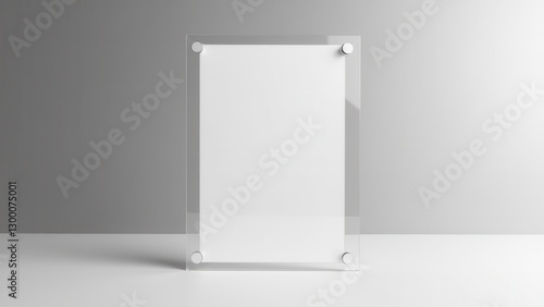 Obraz na płótnie A clear perspex sign holder with four round fasteners in each corner, standing on a white surface against a gray background. w salonie