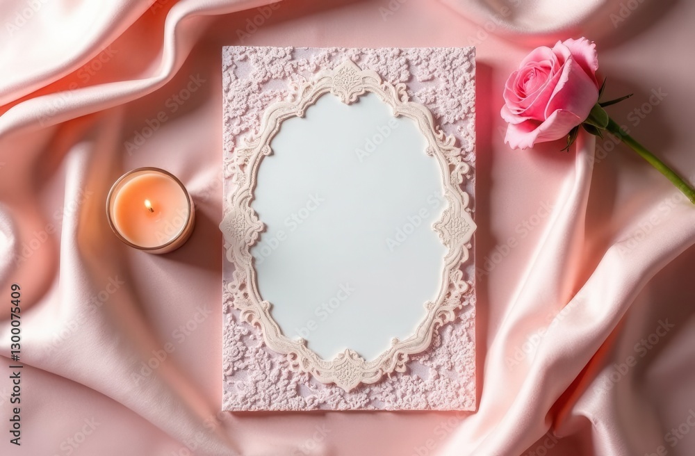 Elegant pink invitation card with candle and rose on luxurious satin fabric Elegant pink invitation card with candle and rose on luxurious satin fabric