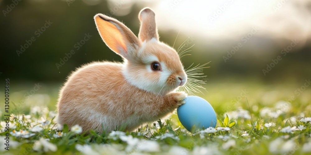 Fototapeta premium A cute rabbit holding a blue egg amidst flowers in a sunlit field. Easter Bunny Concept.