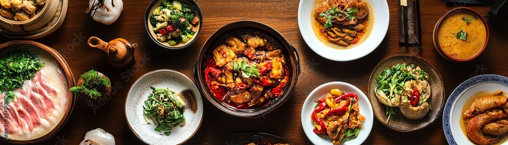 A colorful spread of delicious dishes on a wooden table. A colorful spread of delicious dishes on a wooden table.
