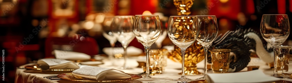 Elegant dining table set with fine glassware and luxurious decor. Elegant dining table set with fine glassware and luxurious decor.