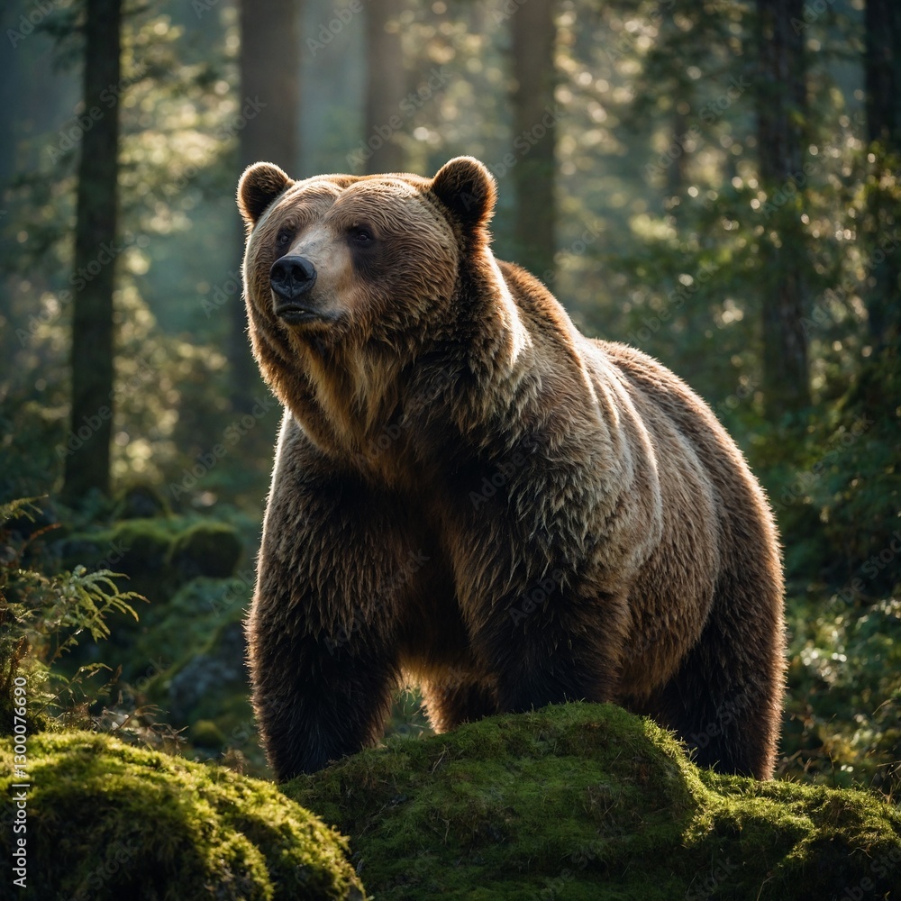 A mighty grizzly bear standing on a moss-covered rock in the middle of a dense jungle, sunlight filtering through the trees. A mighty grizzly bear standing on a moss-covered rock in the middle of a dense jungle, sunlight filtering through the trees.