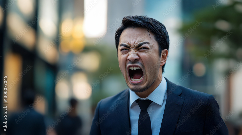 Fototapeta premium The fierce expression of an enraged young man dominates this intense close-up selfie, enhanced by a dramatic and cinematic color scheme.
