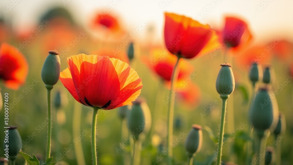 A field of vibrant red poppies with several green poppy pods in the foreground, illuminated by warm sunlight. A field of vibrant red poppies with several green poppy pods in the foreground, illuminated by warm sunlight.