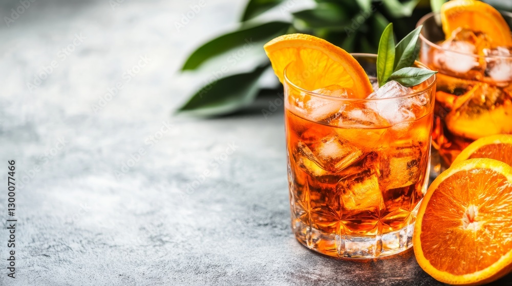 A close-up view of a vibrant Aperol Spritz cocktail with orange slices and ice, presented on a clean white background ideal for summer gatherings and celebrations A close-up view of a vibrant Aperol Spritz cocktail with orange slices and ice, presented on a clean white background ideal for summer gatherings and celebrations