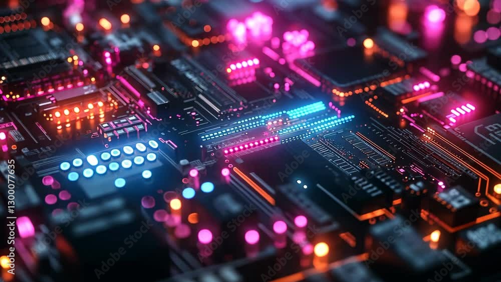 Colorful circuit board with pink and blue lights close-up Colorful circuit board with pink and blue lights close-up
