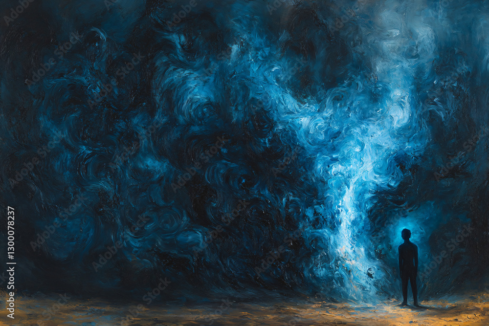 Fototapeta premium Lone Figure in a Chaotic Abyss of Despair