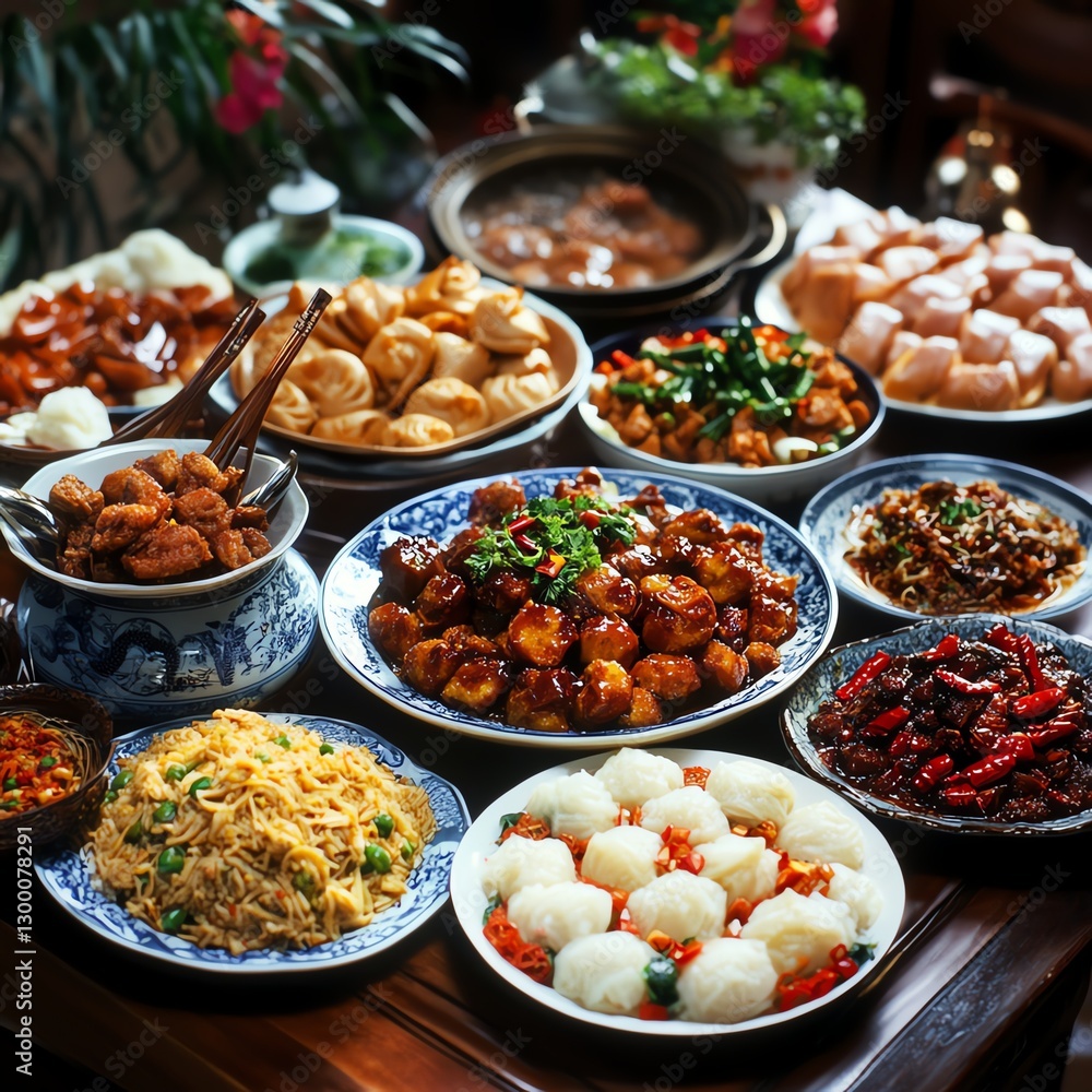 A vibrant assortment of delicious Asian dishes elegantly presented on a wooden table. A vibrant assortment of delicious Asian dishes elegantly presented on a wooden table.