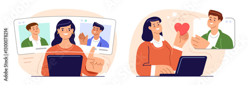 Young woman is looking for love on dating site. Romantic relationships, partnership communication. Flat illustration