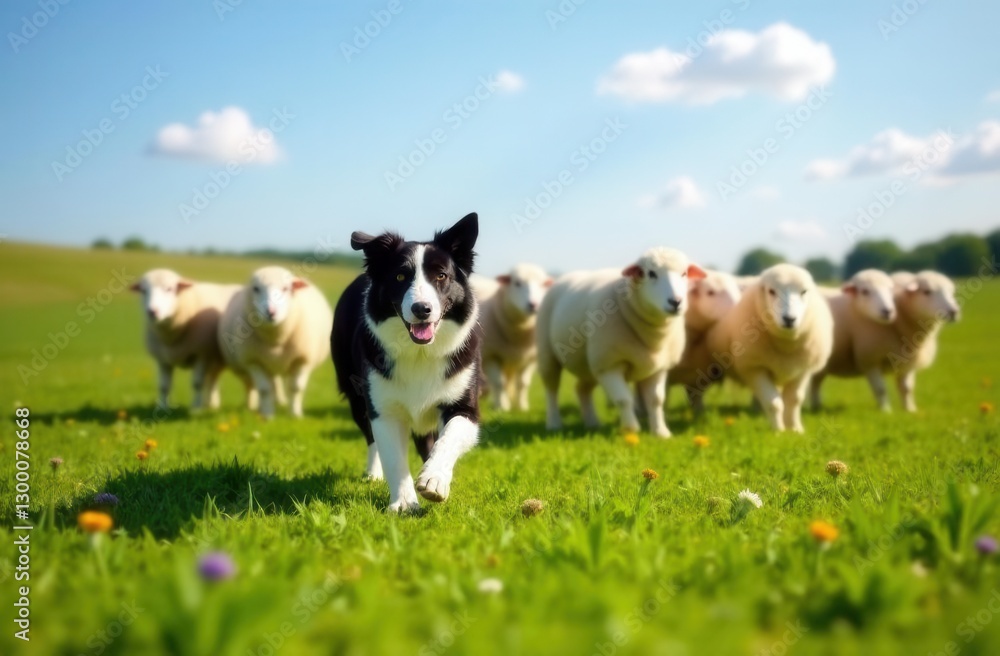 Border collie herding sheep on a sunny day in green pasture Border collie herding sheep on a sunny day in green pasture