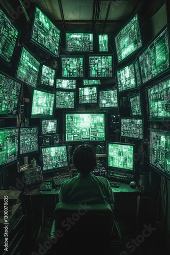 Person in Dimly Lit Room Surrounded by Holographic Screens