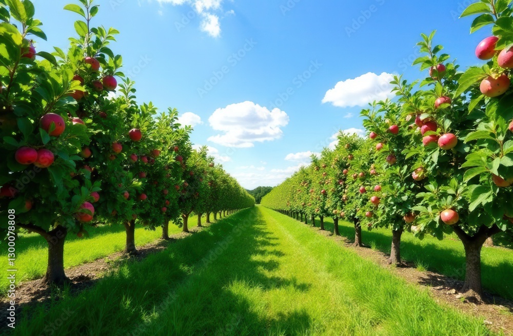 Lush apple orchard with ripe red apples under clear blue sky Lush apple orchard with ripe red apples under clear blue sky