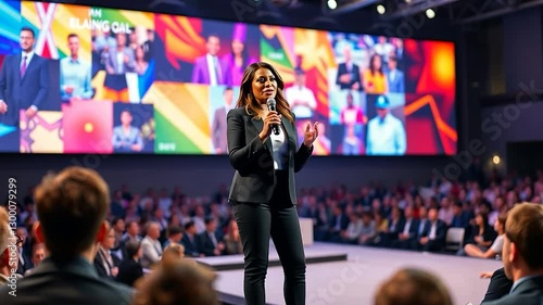 Confident female speaker captivating an audience at a dynamic conference