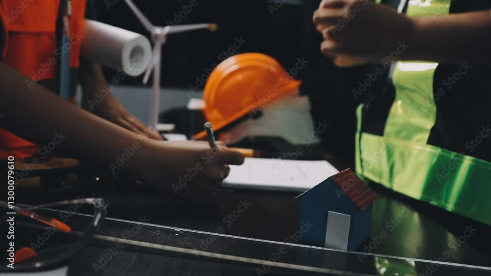 Professional collaboration in architecture. Two engineers work on construction plans, using tools like laptops, tablets, and scale models. Professional collaboration in architecture. Two engineers work on construction plans, using tools like laptops, tablets, and scale models.