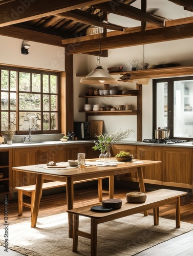 Wallpaper Mural A rustic wooden dining room with exposed ceiling beams Torontodigital.ca