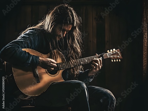 A musician with long, flowing hair, sitting on a stool in a dimly lit room, strumming an acoustic guitar photo