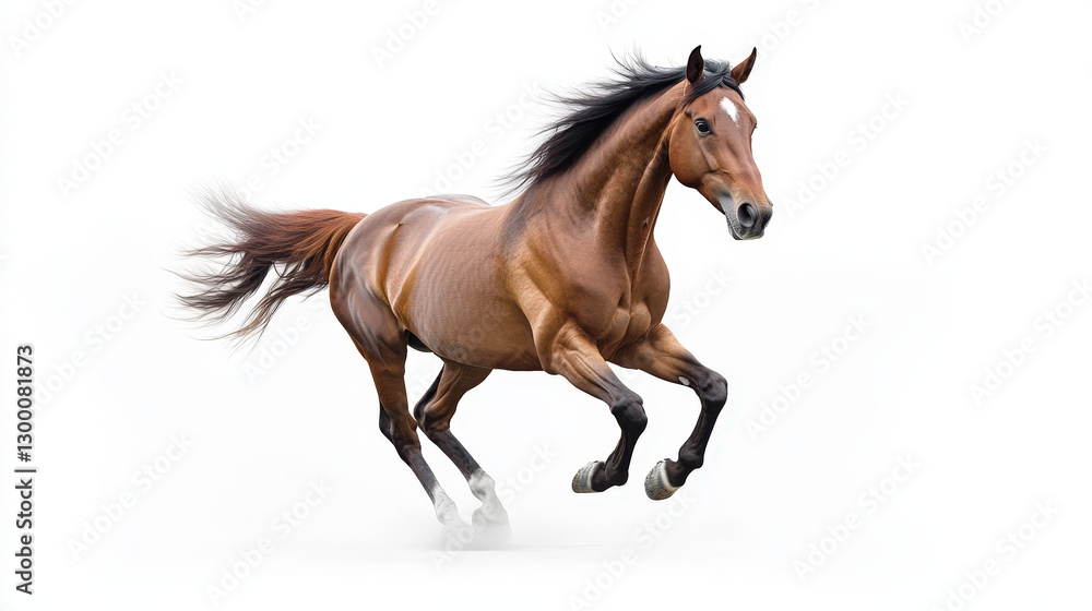 A powerful bay horse galloping dynamically against a clean white background, showcasing pure energy and strength
A powerful bay horse galloping dynamically against a clean white background, showcasing pure energy and strength