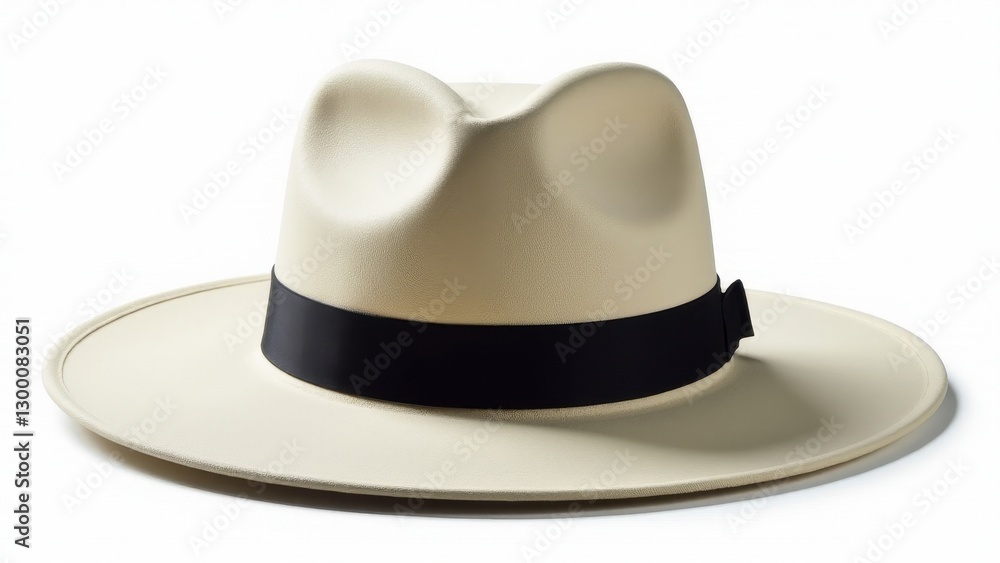 A beige s hat with a wide brim and a black band around the crown.