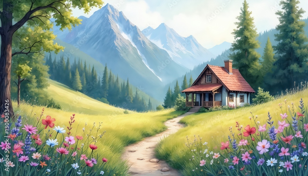 Fototapeta premium Watercolor painting of cottage in mountain valley with flowers on green meadow. Rural house, cabin among trees, hills. Path to cozy bungalow on scenic nature landscape, calm cloud sky.