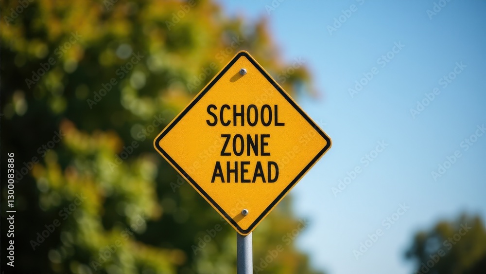 A yellow diamond-shaped school zone ahead sign with a blurred background of trees and sky. A yellow diamond-shaped school zone ahead sign with a blurred background of trees and sky.