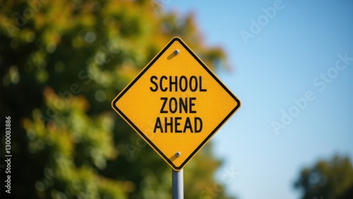 A yellow diamond-shaped school zone ahead sign with a blurred background of trees and sky.