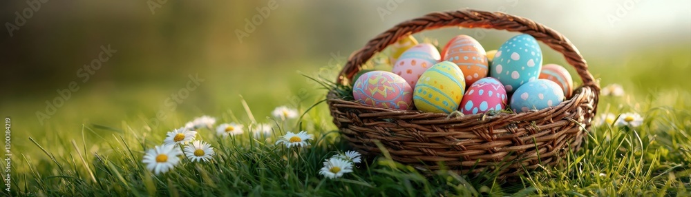 A basket filled with colorful Easter eggs resting on a green grassy field with flowers. A basket filled with colorful Easter eggs resting on a green grassy field with flowers.