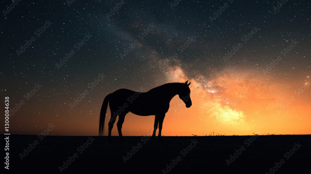 A silhouette of a horse standing under the Milky Way with a glowing cosmic sky in the background
A silhouette of a horse standing under the Milky Way with a glowing cosmic sky in the background
