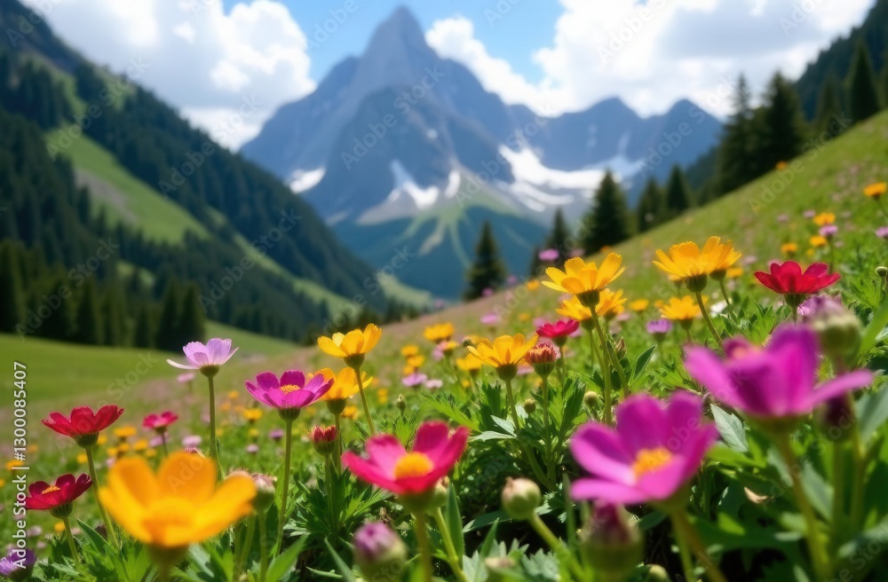 Fototapeta premium Vibrant wildflowers in alpine meadow with mountain view under blue sky