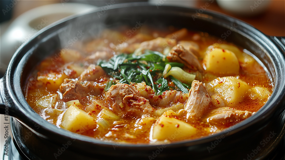 Close-up of Bubbling Korean Gamjatang, Spicy Pork Bone Stew Close-up of Bubbling Korean Gamjatang, Spicy Pork Bone Stew