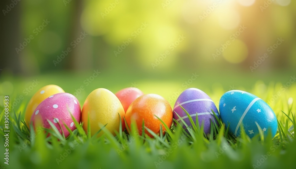 Vibrant Eeaster Eggs Nestled in Green Grass under Soft Lighting. A row of brightly colored eeaster eggs in the grass. Vibrant Eeaster Eggs Nestled in Green Grass under Soft Lighting. A row of brightly colored eeaster eggs in the grass.