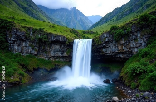 Majestic waterfall in lush mountain valley with cascading stream