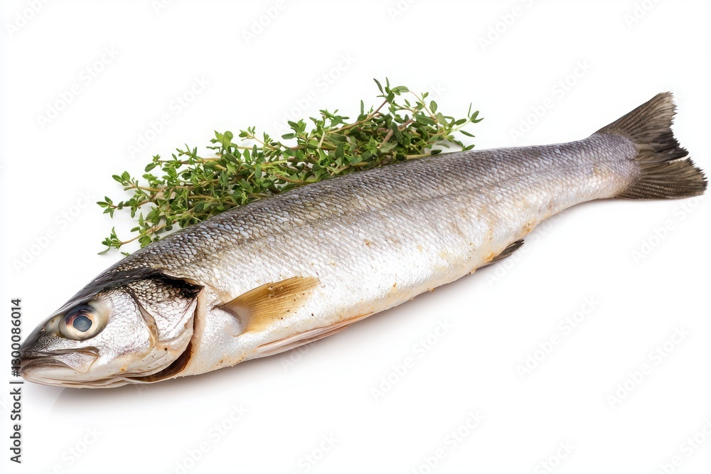 Silver European Seabass Fish with Fresh Thyme Herb Isolated on White Background Studio Shot Raw Seafood Cuisine Silver European Seabass Fish with Fresh Thyme Herb Isolated on White Background Studio Shot Raw Seafood Cuisine