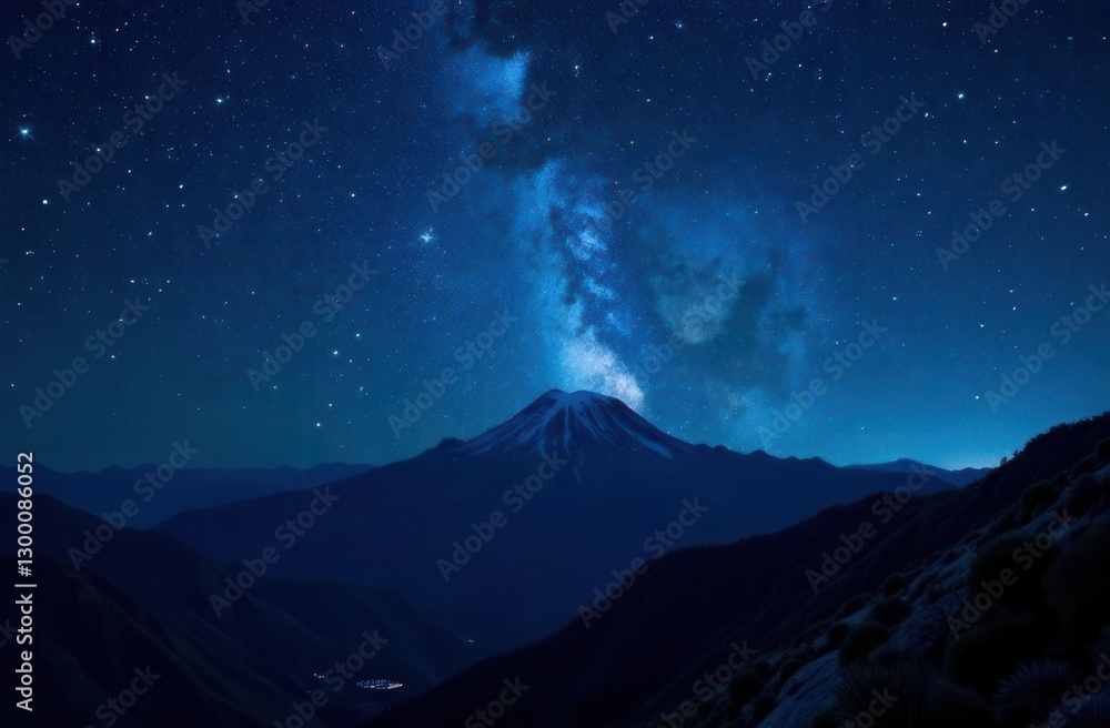 Starry night over majestic mountain with silhouetted landscape