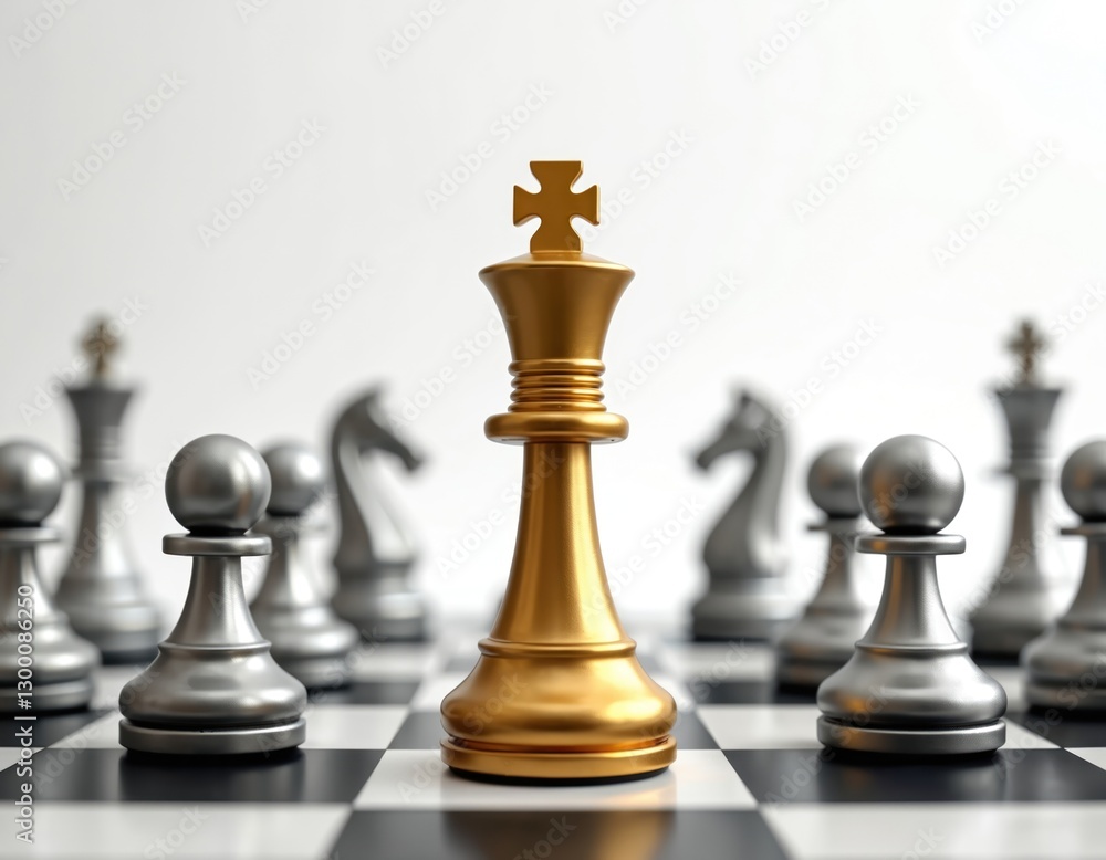 Golden king chess piece stands on chessboard corner in front of silver pieces against white background. Leadership confrontation competition, business strategy concept. Elegant shiny chess game of Golden king chess piece stands on chessboard corner in front of silver pieces against white background. Leadership confrontation competition, business strategy concept. Elegant shiny chess game of