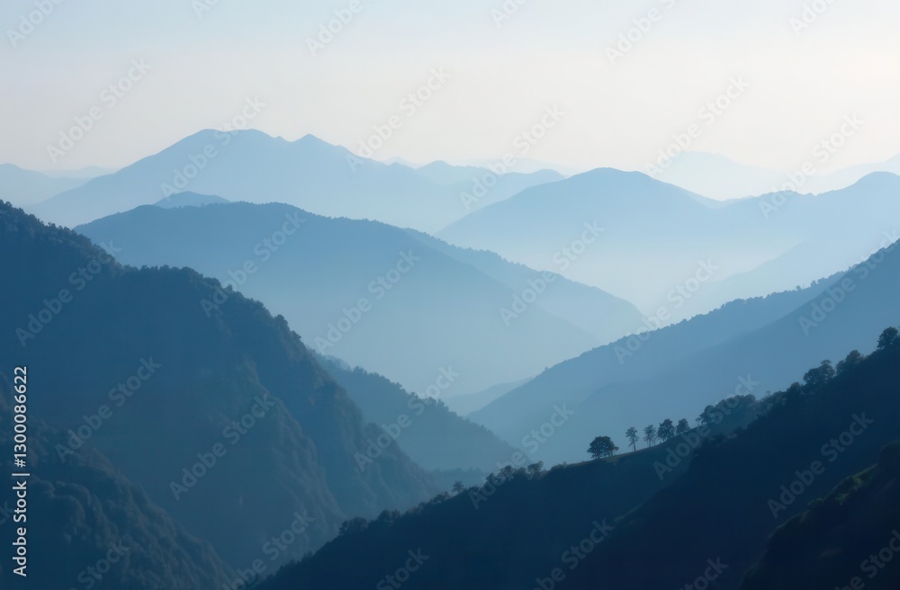 Serene mountain landscape with misty blue hills and foggy atmosphere Serene mountain landscape with misty blue hills and foggy atmosphere