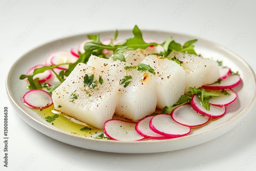 Delicate scallops dish with fresh radish and arugula on a plate in bright studio light Delicate scallops dish with fresh radish and arugula on a plate in bright studio light