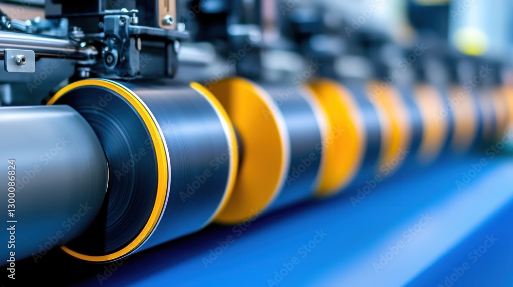 Obraz premium Colorful printing material winding through industrial machinery, revealing manufacturing process with vibrant printing colors in modern printing facility