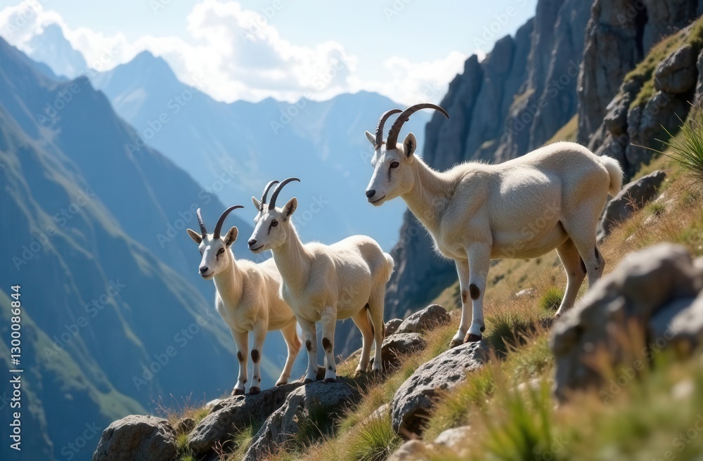 Obraz premium Majestic mountain goats on rocky alpine terrain