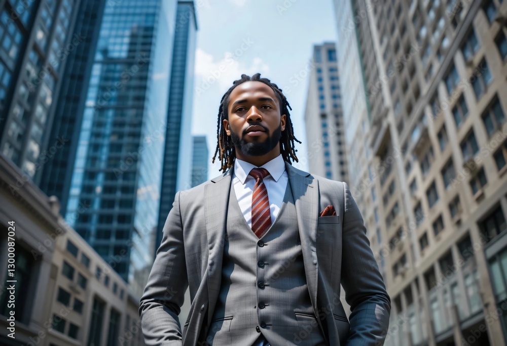 Confident professional standing in city business district amidst modern buildings Confident professional standing in city business district amidst modern buildings