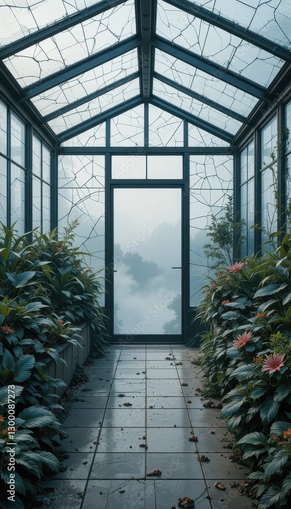 Serene Greenhouse Pathway Lush Greenery Misty View Glass Roof Tranquil Plants Serene Greenhouse Pathway Lush Greenery Misty View Glass Roof Tranquil Plants