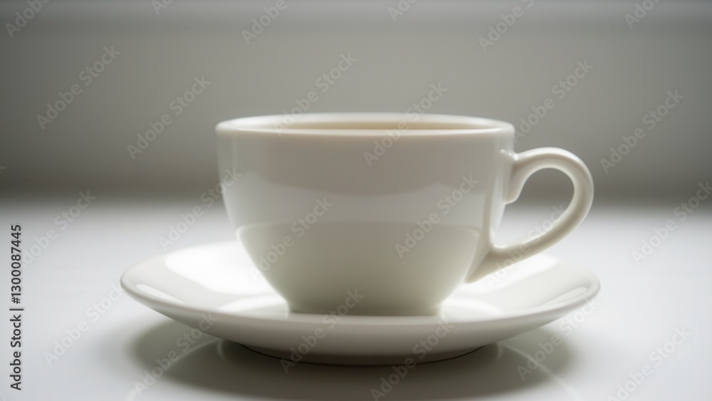 Fototapeta premium A small cup sits on a matching saucer, both made of white ceramic, with a simple and elegant design.