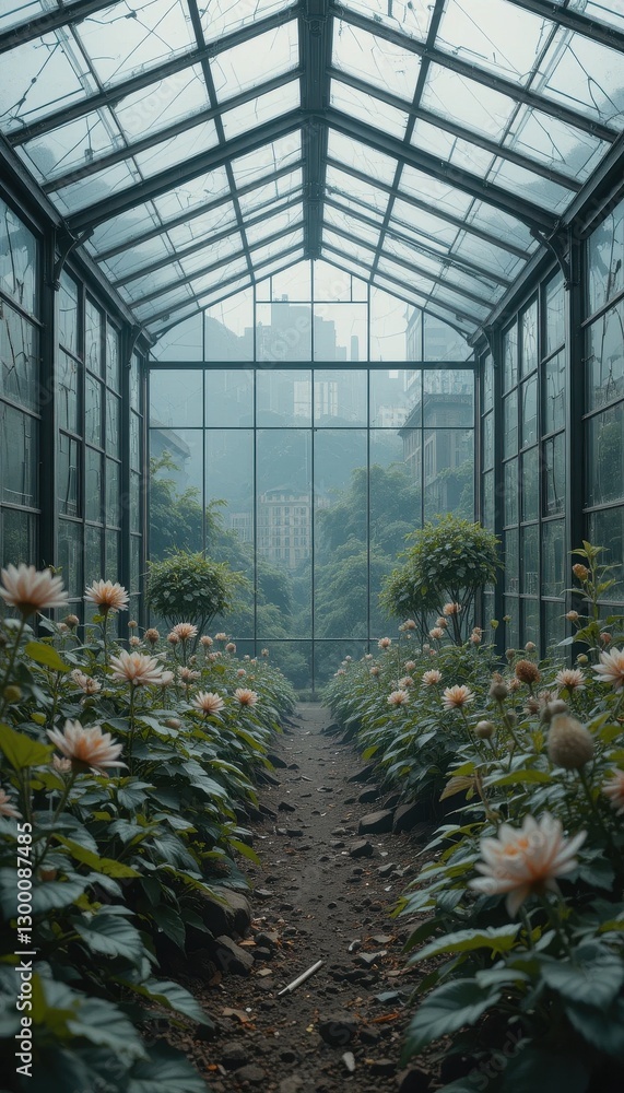Serene Greenhouse Path Dahlias Bloom in a Glasshouse with City View Serene Greenhouse Path Dahlias Bloom in a Glasshouse with City View