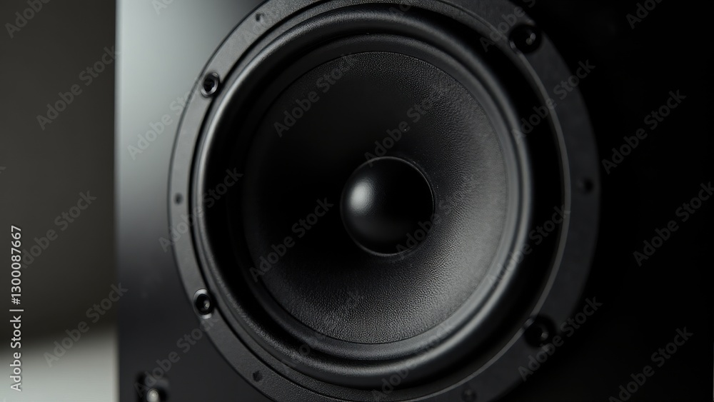 Close-up of a black speaker bass speaker with a visible cone and surrounding frame. Close-up of a black speaker bass speaker with a visible cone and surrounding frame.