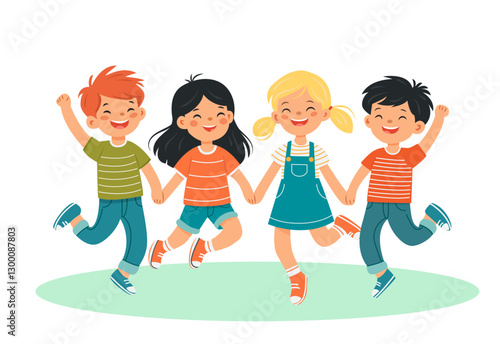 The children are holding hands, jumping and laughing with happiness. Friendship, games. The vector illustration is isolated on a white background.