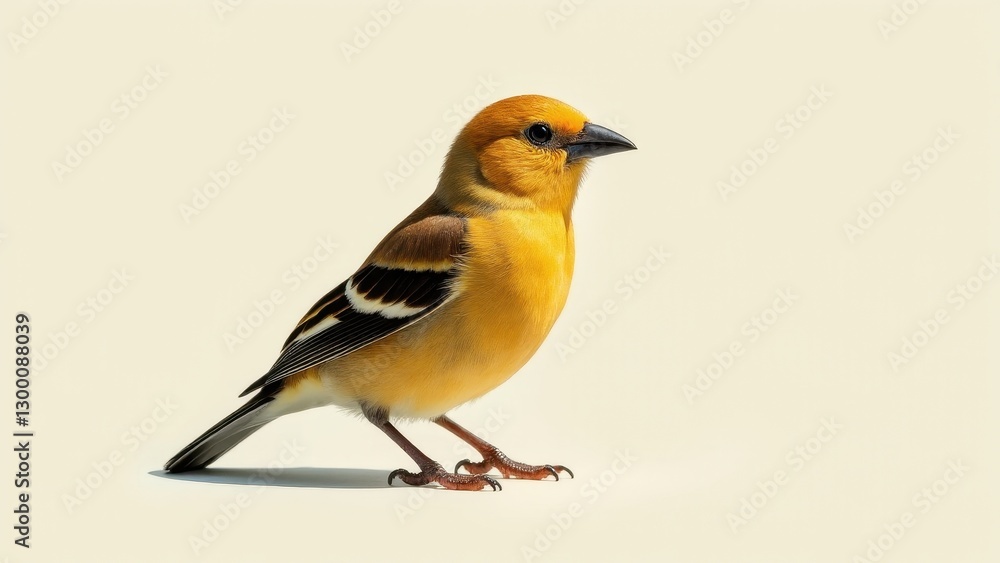 Fototapeta premium A spice finch bird with vibrant yellow and brown plumage stands on a light background.