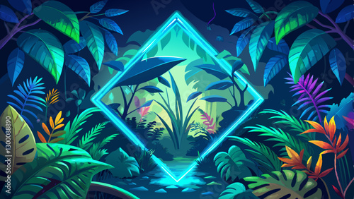 Tropical Plants Illuminated with Green and Blue Fluorescent Light. Rainforest Environment with Diamond shaped Neon Frame.