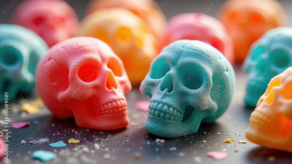 Colorful sugar skull candies in various shades of blue, pink, and orange are arranged on a dark surface with scattered candy pieces.