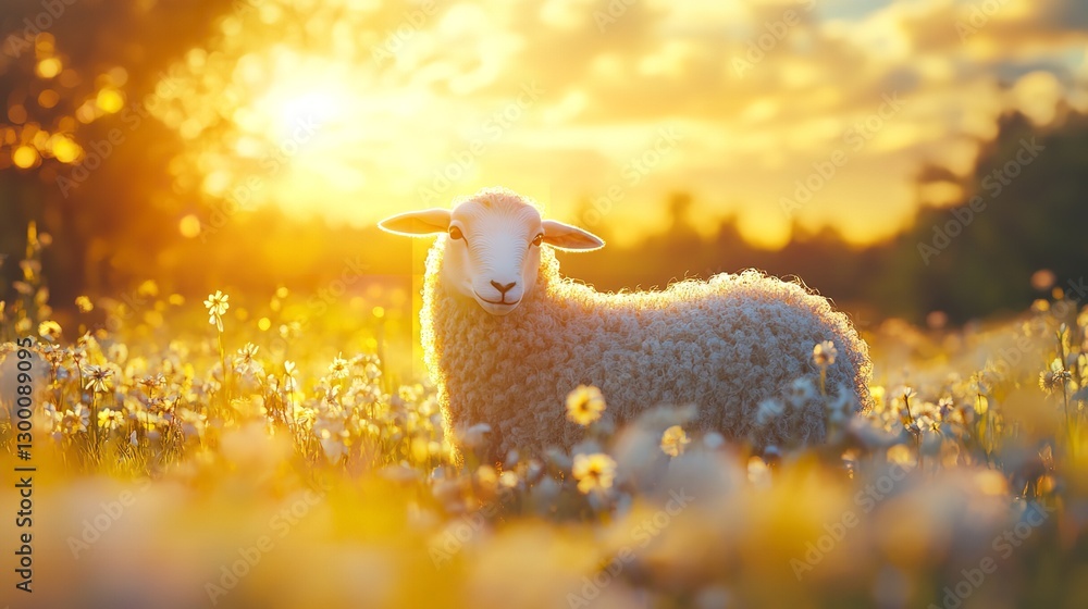 A gentle lamb basking in the golden sunset of a tranquil meadow, bathed in warm light and surrounded by blooming wildflowers.