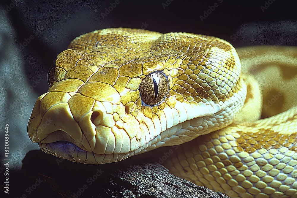 Close-up of a vibrant yellow python resting on a branch in a natural habitat, showcasing its intricate scales Close-up of a vibrant yellow python resting on a branch in a natural habitat, showcasing its intricate scales